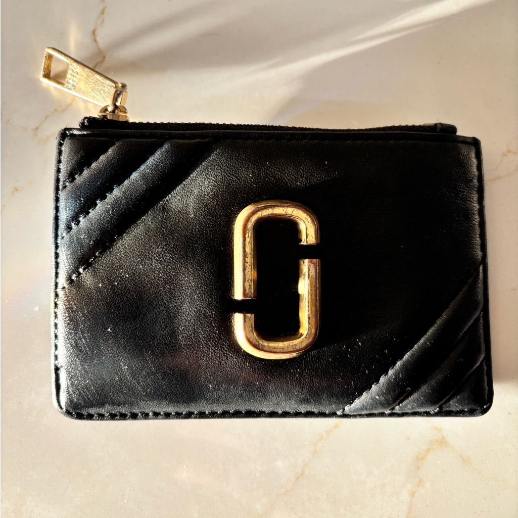 Marc Jacobs Black Leather Zip Card Holder With Gold Accents